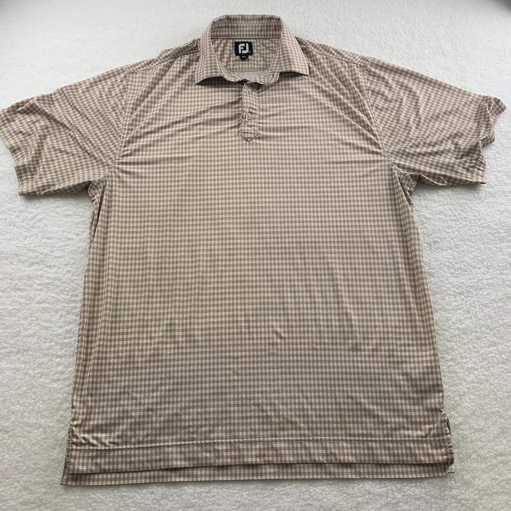 FootJoy Men's Polo Shirt Large  Short Sleeves, Brown/White, Collared, FJ embroid